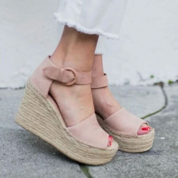 Marc Fisher Blush Pink Suede Ankle Strap Espadrille Wedge Sandals Buckle Sz 6 - Picture 1 of 11
